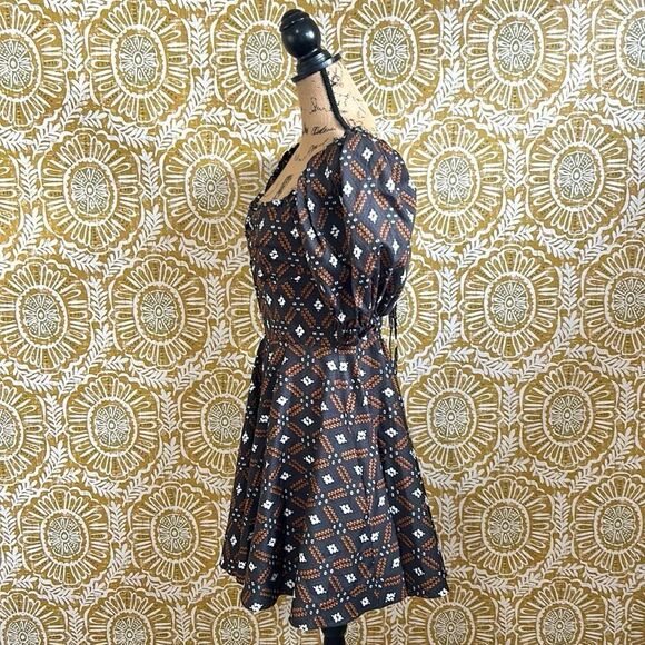 NWOT Autumn Adeigbo Camille Diamond Print Puff Sleeve Lace Up Back Mini Dress 8 - Picture 11 of 16